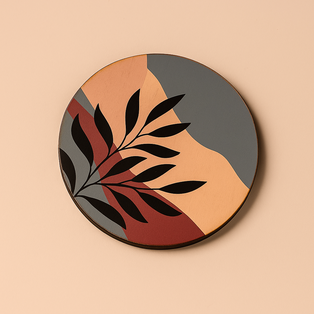 Round decorative plate with leaf design on a beige background