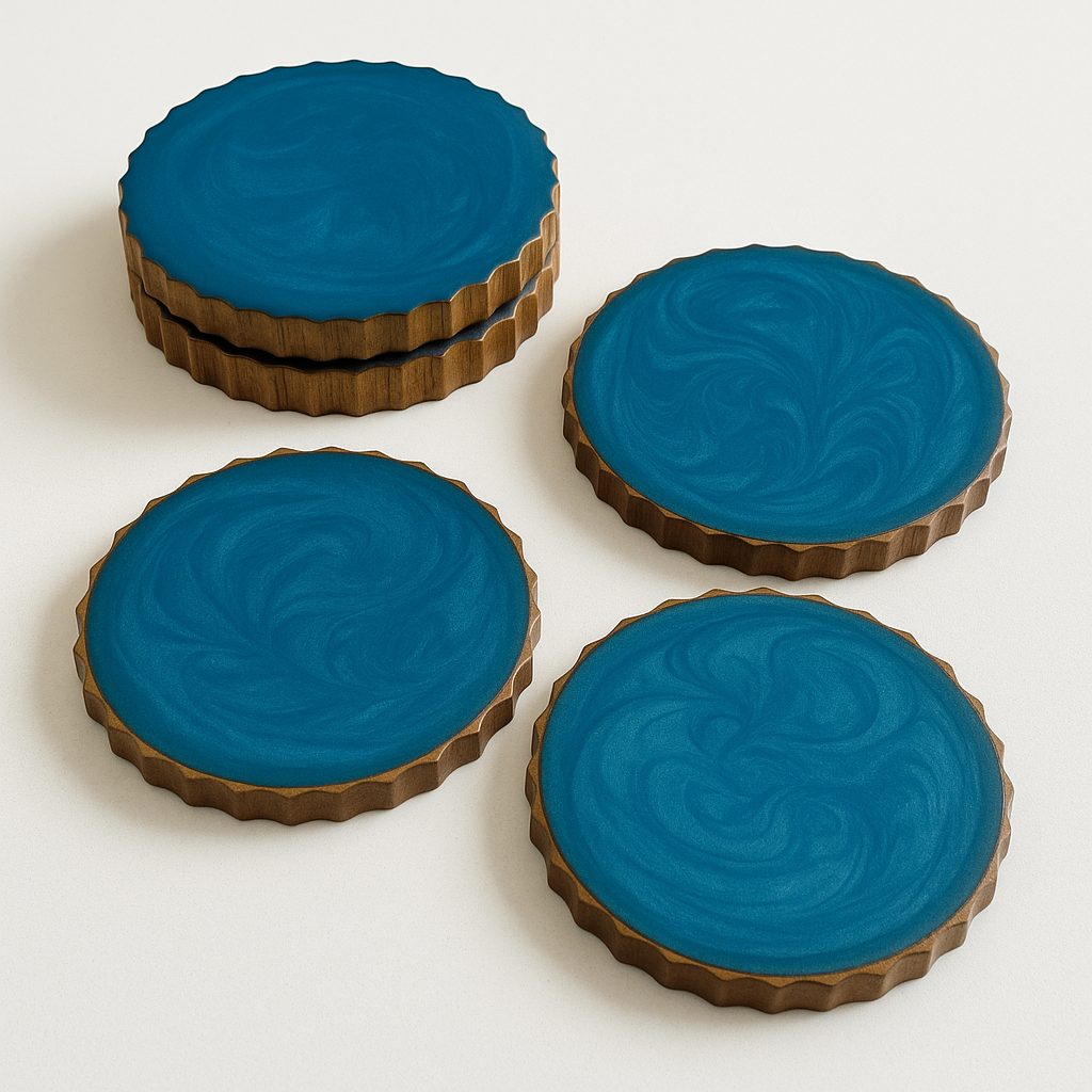 Set of 4 Handmade Round Tea Resin Blue Wooden Coaster