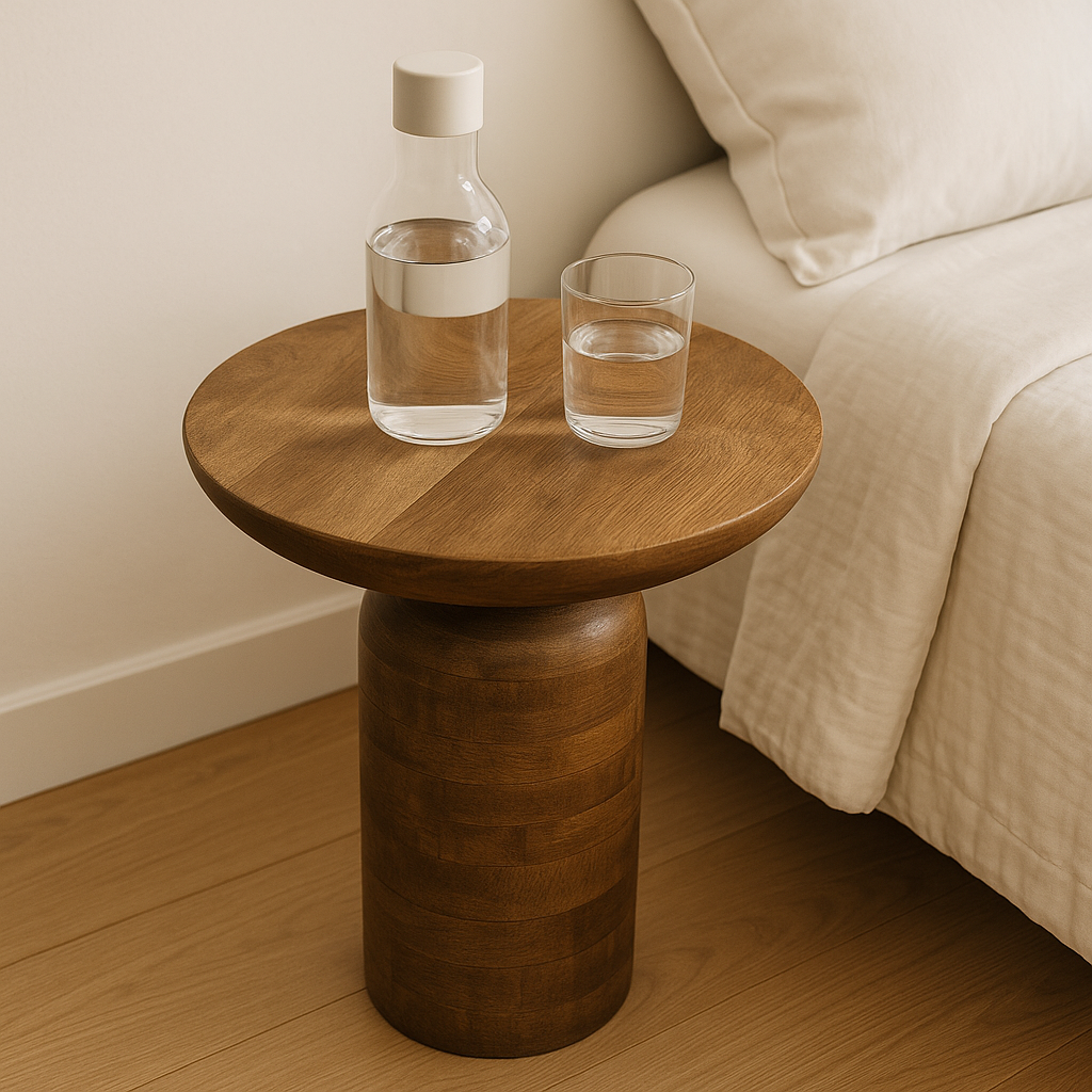 Wooden side table with a carafe and glass on a bed