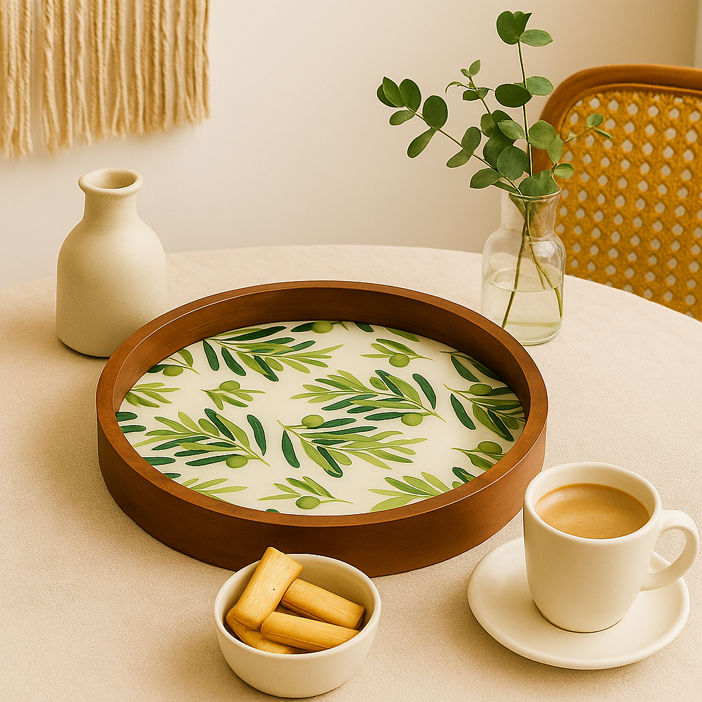 Round Wooden Serving Tray with Leaf Resin Inlay