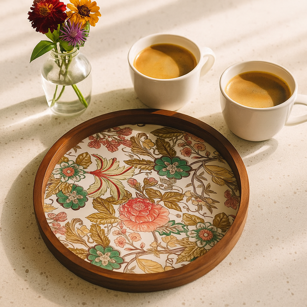 Handcrafted Wooden Round Serving Platter with Floral Resin Inlay