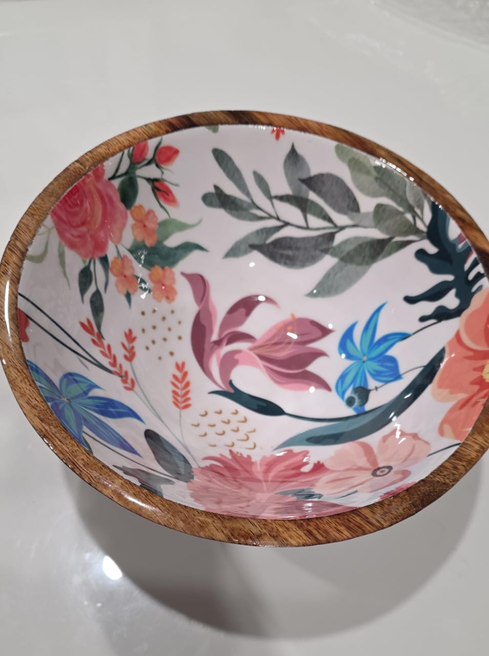 Handcrafted Antique Wooden Resin Bowl with Colourful Floral Design