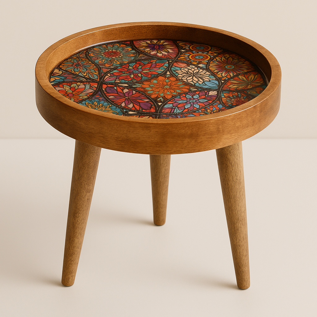 Wooden side table with a colorful floral pattern on a beige background