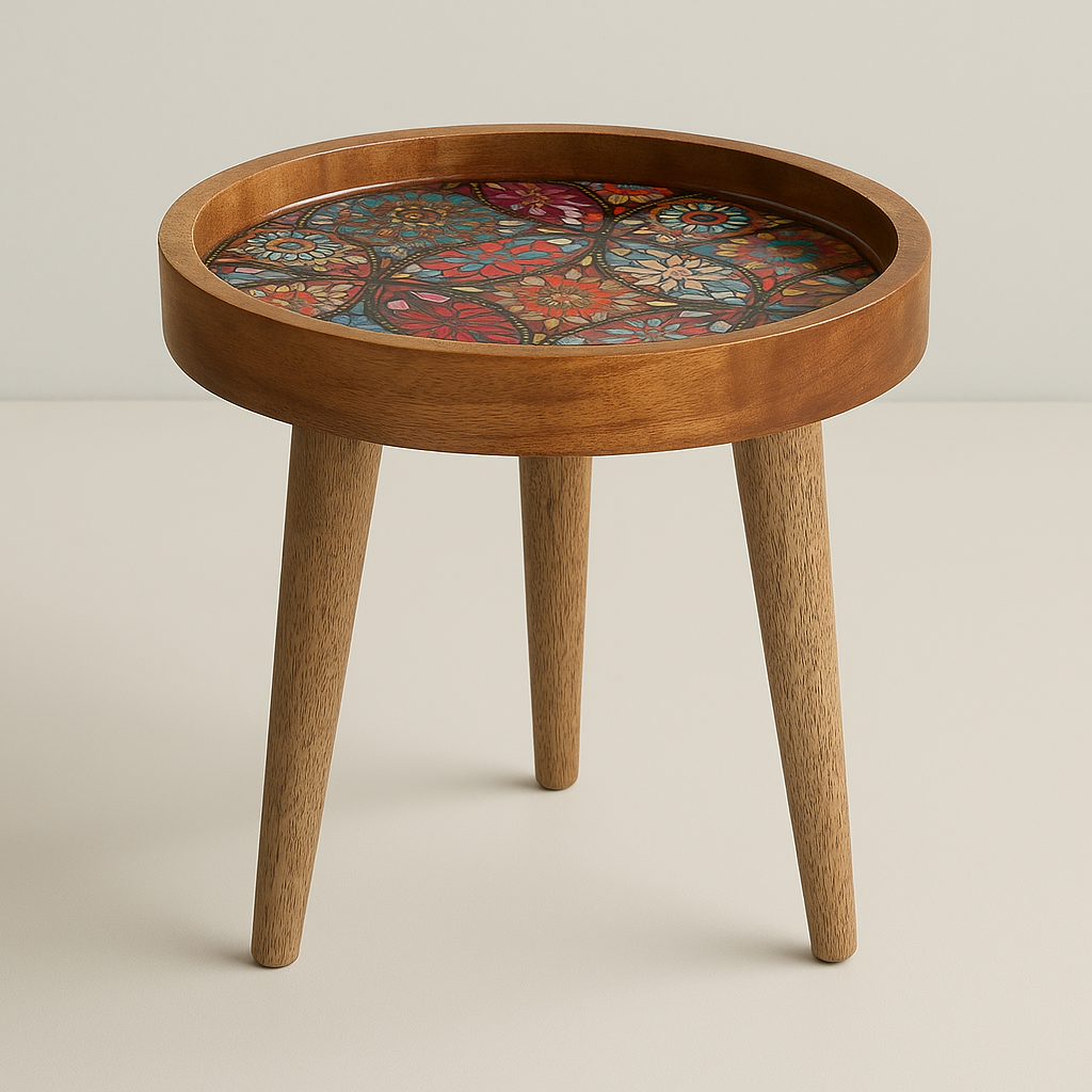 Wooden side table with a colorful floral pattern on a beige background