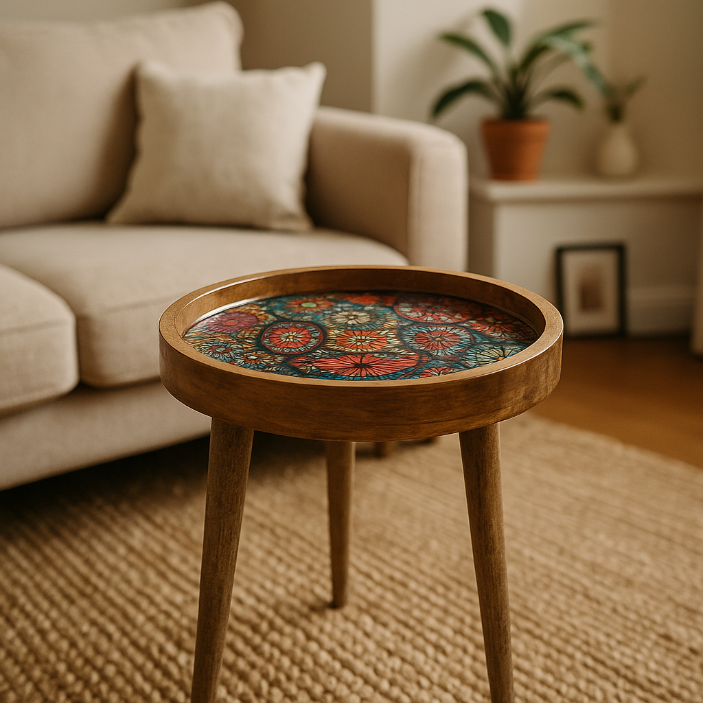 Wooden side table with a decorative tray in a living room setting