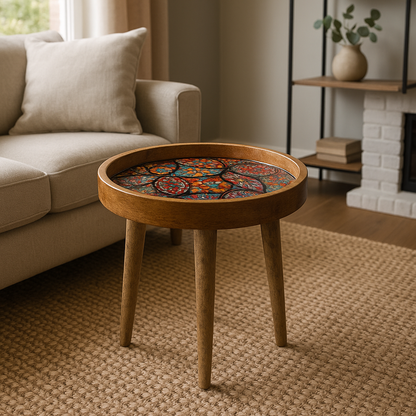 Wooden side table with decorative top in a living room setting