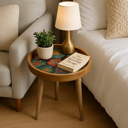Small wooden side table with a lamp, plant, and book next to a sofa.