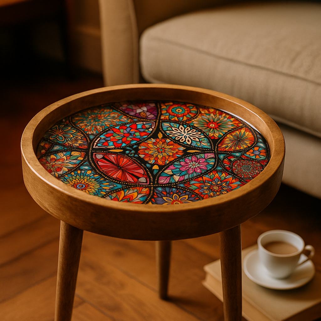 Round wooden table with colorful mosaic top in a cozy room setting.
