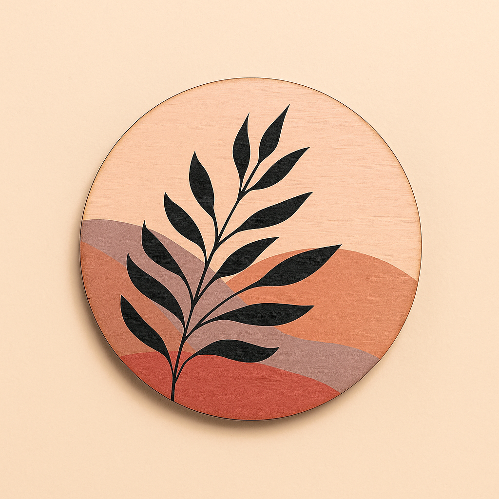 Circular wall art with black leaf design on a gradient background