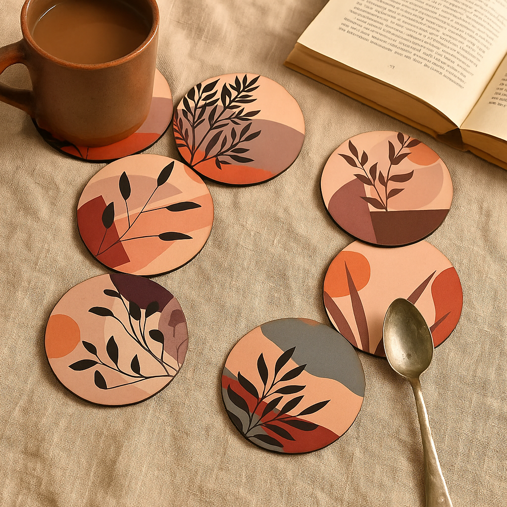 Set of six floral coasters on a textured surface with a cup, book, and spoon.