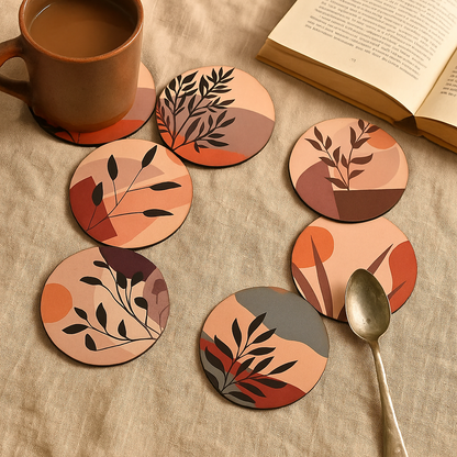 Set of six floral coasters on a textured surface with a cup, book, and spoon.