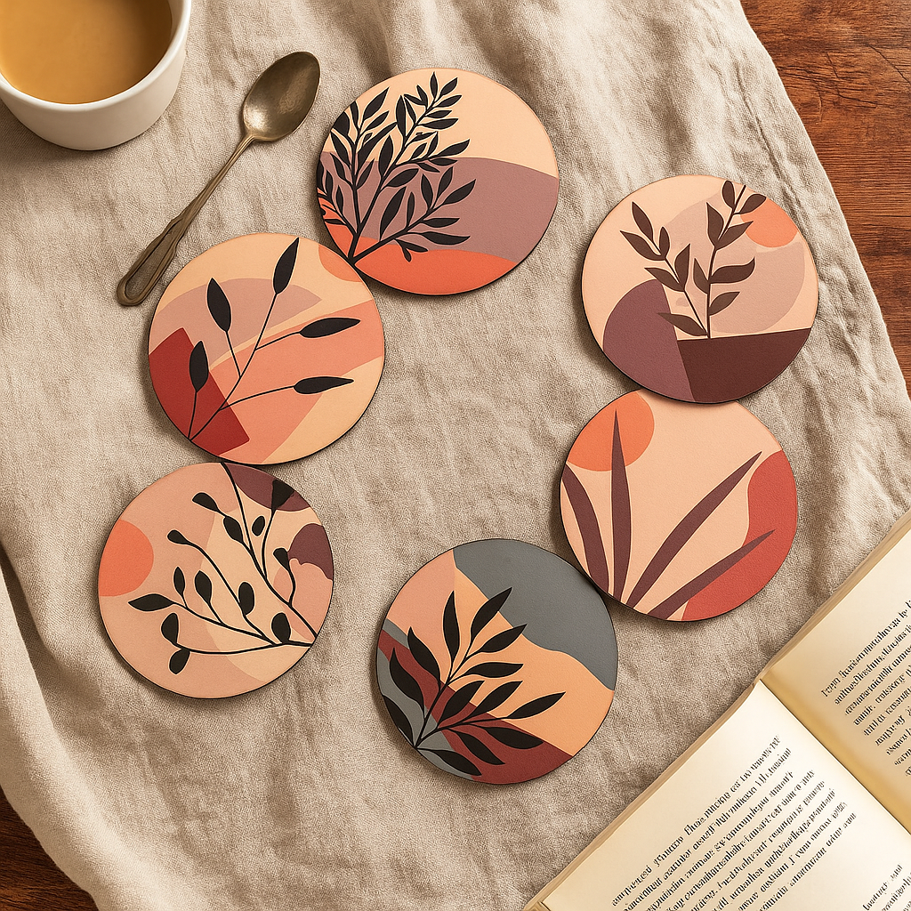 Set of six round coasters with leaf patterns on a textured surface with a cup and book.