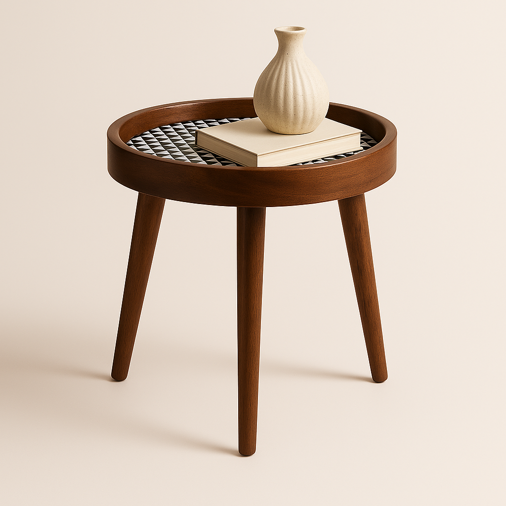 Handmade Side Table Solid Mango Wood Detachable Legs Geometric Elegance: Handcrafted Wooden Tray with Monochrome Optical Illusion Pattern