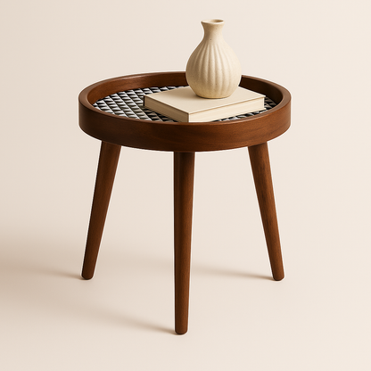 Handmade Side Table Solid Mango Wood Detachable Legs Geometric Elegance: Handcrafted Wooden Tray with Monochrome Optical Illusion Pattern