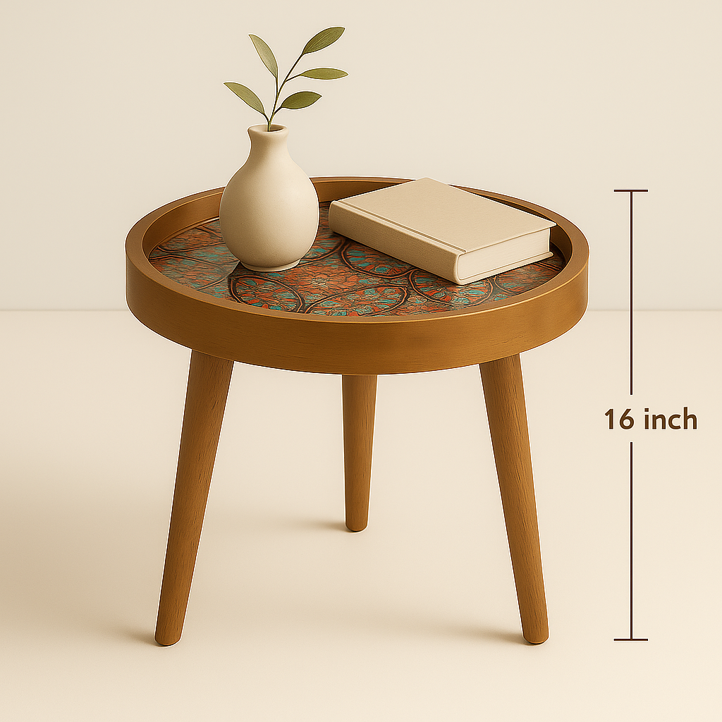 Small wooden table with decorative elements on a beige background
