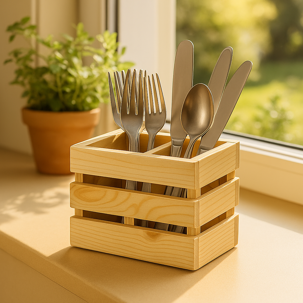 Bright Wooden Cutlery Holder – Multi-Purpose Organizer Box