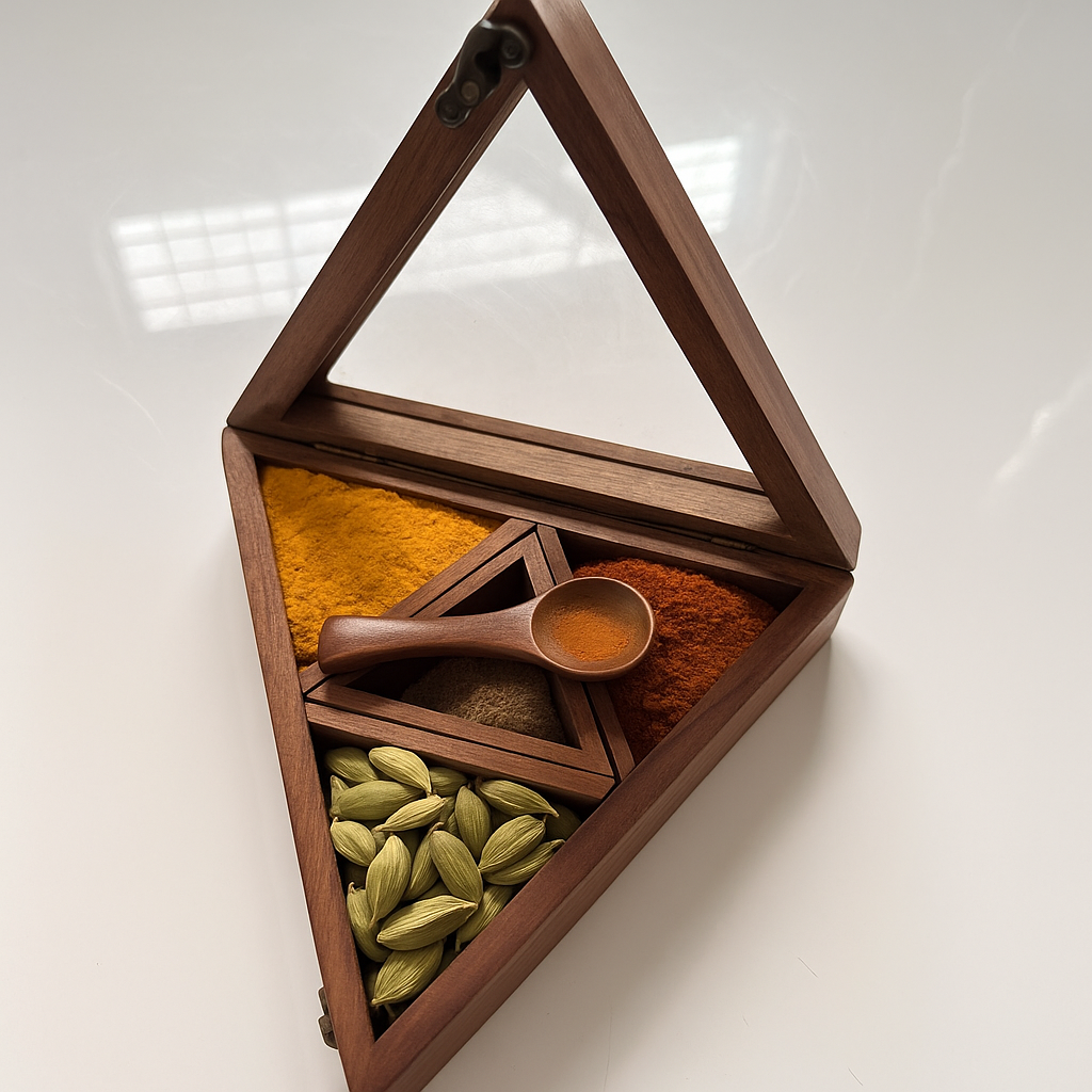 Handcrafted Wooden Triangular Spice Box with Lid