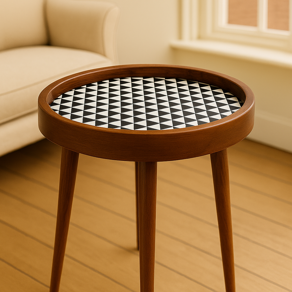 Handmade Side Table Solid Mango Wood Detachable Legs Geometric Elegance: Handcrafted Wooden Tray with Monochrome Optical Illusion Pattern