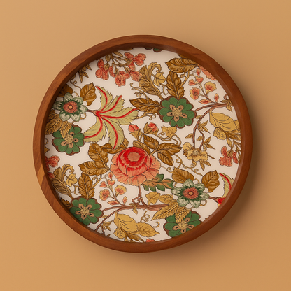Handcrafted Wooden Round Serving Platter with Floral Resin Inlay