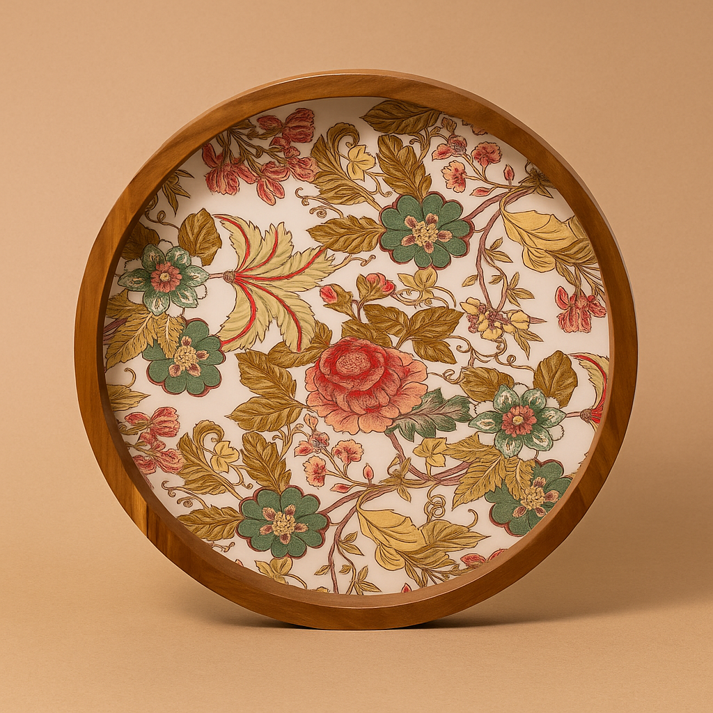 Handcrafted Wooden Round Serving Platter with Floral Resin Inlay
