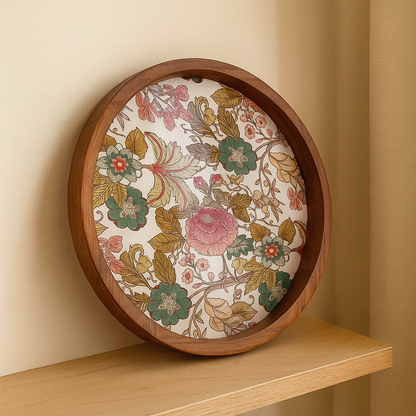 Handcrafted Wooden Round Serving Platter with Floral Resin Inlay