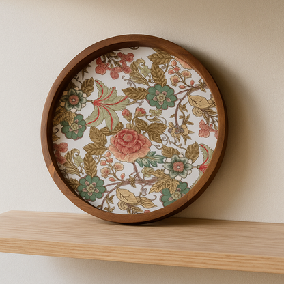 Handcrafted Wooden Round Serving Platter with Floral Resin Inlay