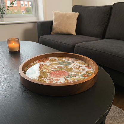 Handcrafted Wooden Round Serving Platter with Floral Resin Inlay