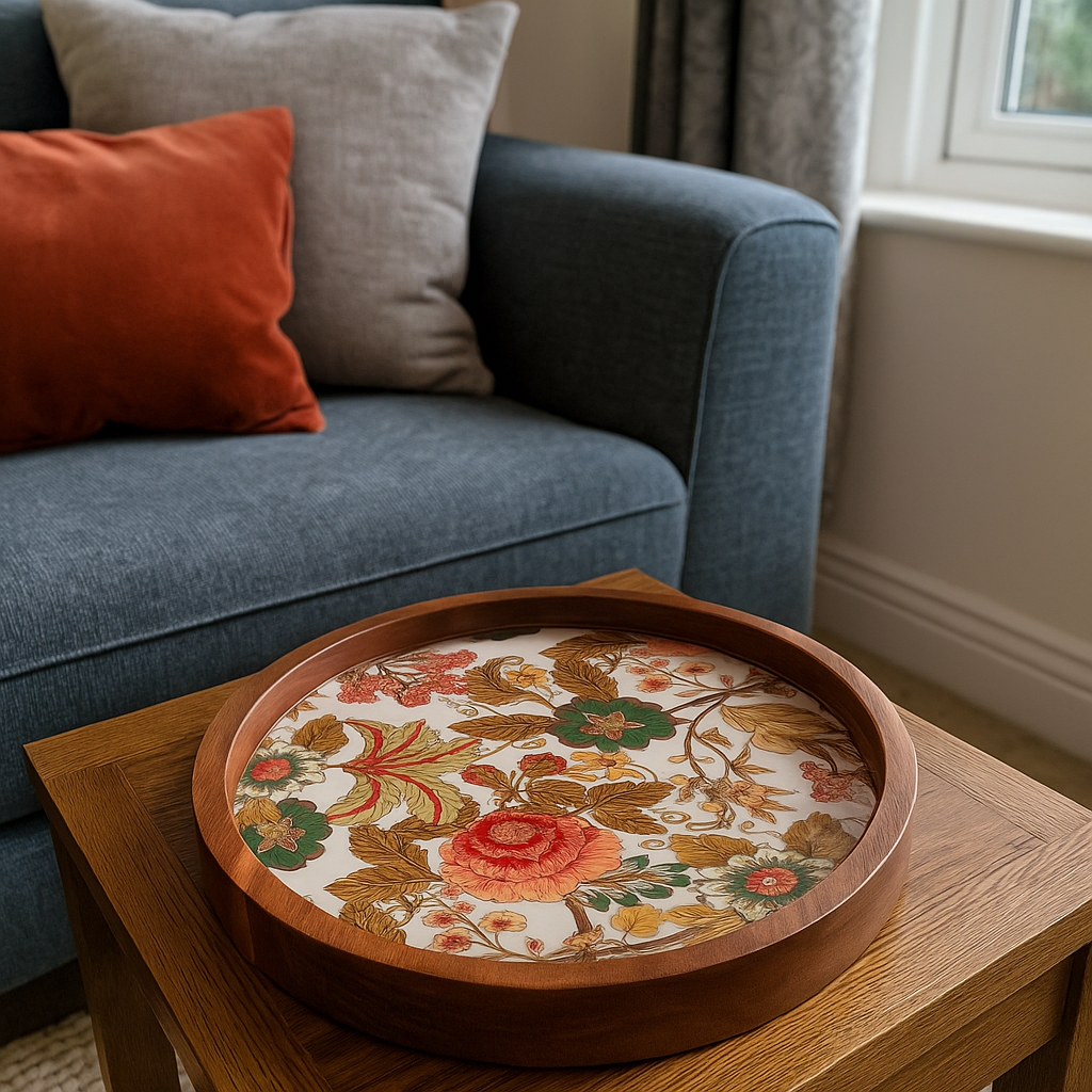 Handcrafted Wooden Round Serving Platter with Floral Resin Inlay
