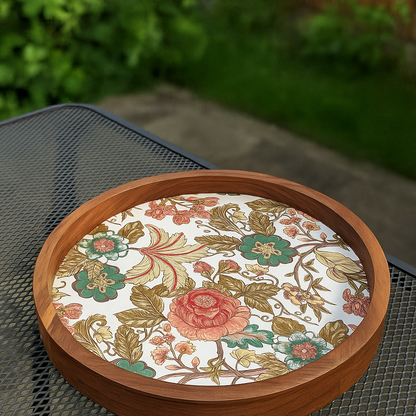 Handcrafted Wooden Round Serving Platter with Floral Resin Inlay