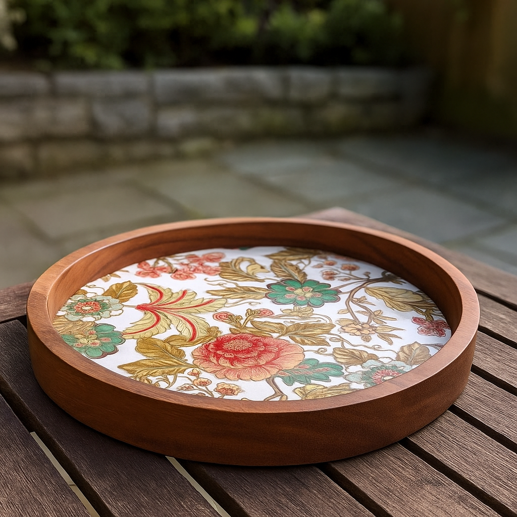 Handcrafted Wooden Round Serving Platter with Floral Resin Inlay