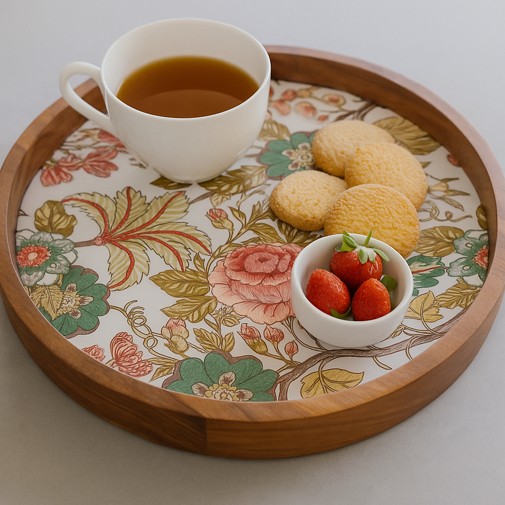 Handcrafted Wooden Round Serving Platter with Floral Resin Inlay