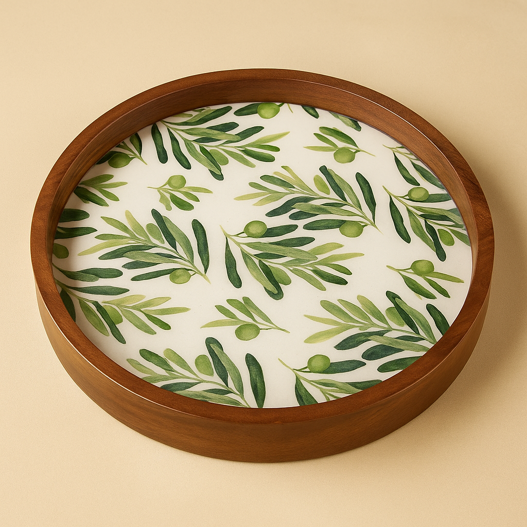 Round Wooden Serving Tray with Leaf Resin Inlay