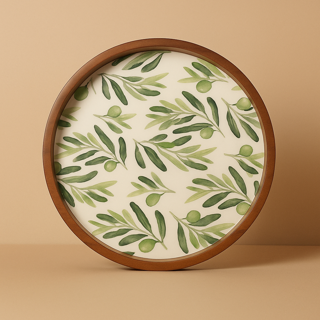 Round Wooden Serving Tray with Leaf Resin Inlay