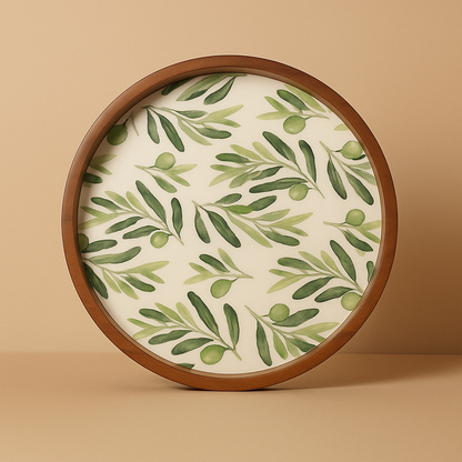 Round Wooden Serving Tray with Leaf Resin Inlay
