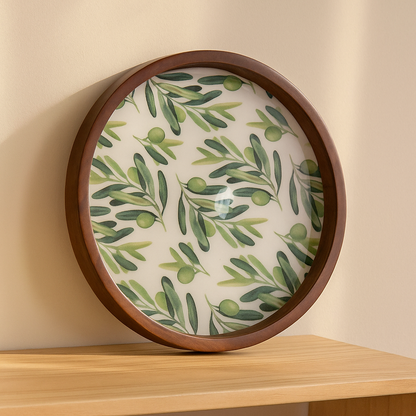 Round Wooden Serving Tray with Leaf Resin Inlay