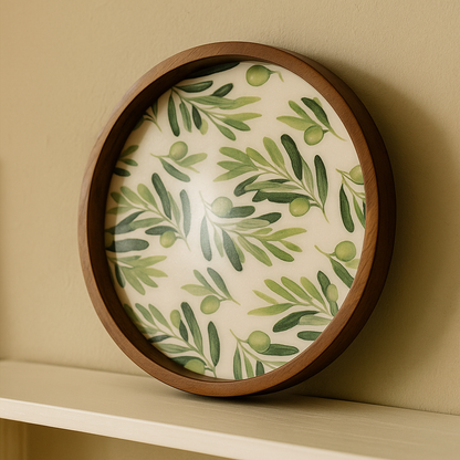 Round Wooden Serving Tray with Leaf Resin Inlay