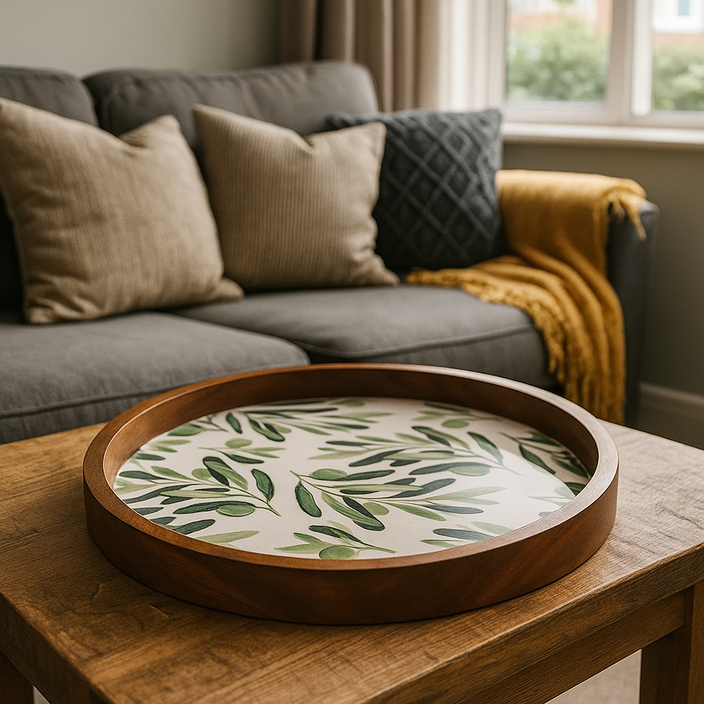 Round Wooden Serving Tray with Leaf Resin Inlay