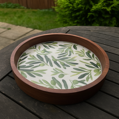 Round Wooden Serving Tray with Leaf Resin Inlay