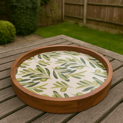 Round Wooden Serving Tray with Leaf Resin Inlay