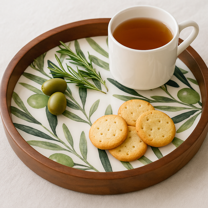 Round Wooden Serving Tray with Leaf Resin Inlay