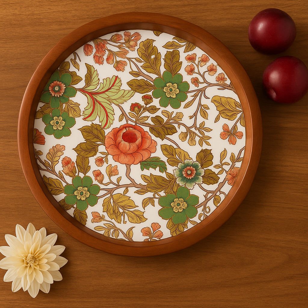 Handcrafted Wooden Round Serving Platter with Floral Resin Inlay