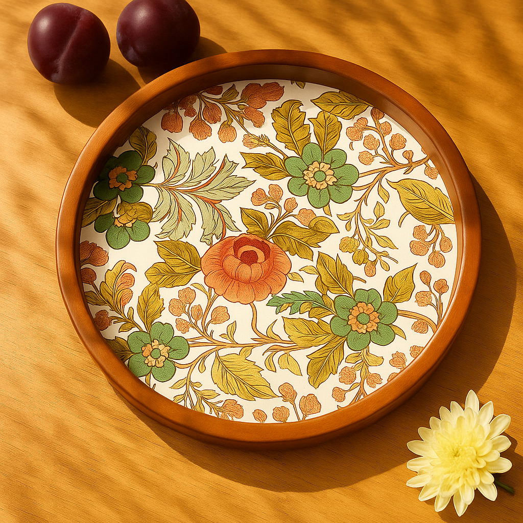 Handcrafted Wooden Round Serving Platter with Floral Resin Inlay