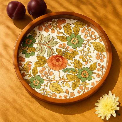 Handcrafted Wooden Round Serving Platter with Floral Resin Inlay