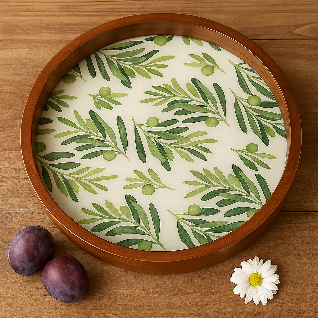 Round Wooden Serving Tray with Leaf Resin Inlay