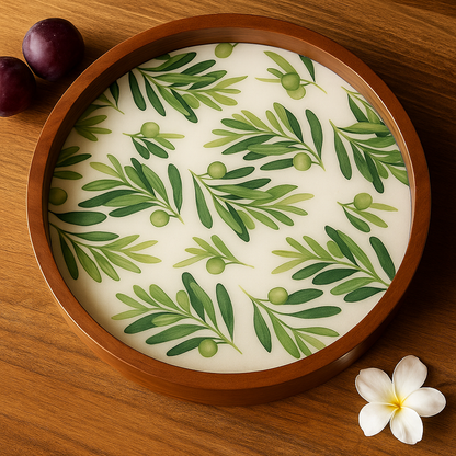 Round Wooden Serving Tray with Leaf Resin Inlay