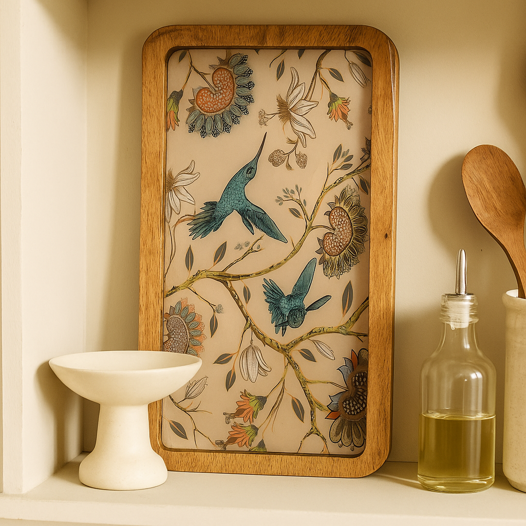 Handcrafted wooden serving platter with humming bird design