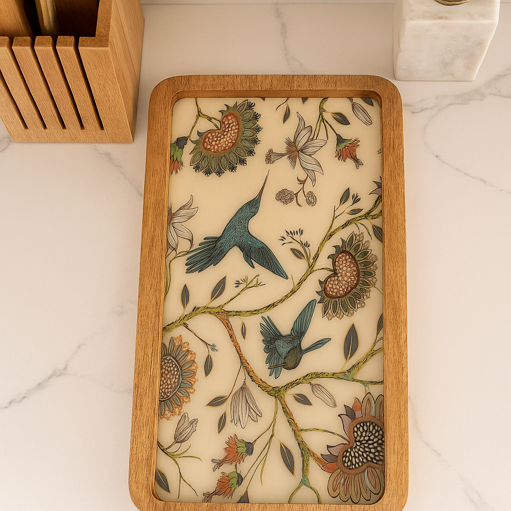 Handcrafted wooden serving platter with humming bird design