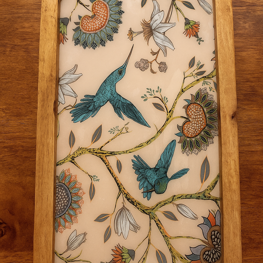 Handcrafted wooden serving platter with humming bird design