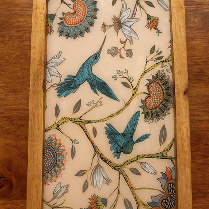 Handcrafted wooden serving platter with humming bird design