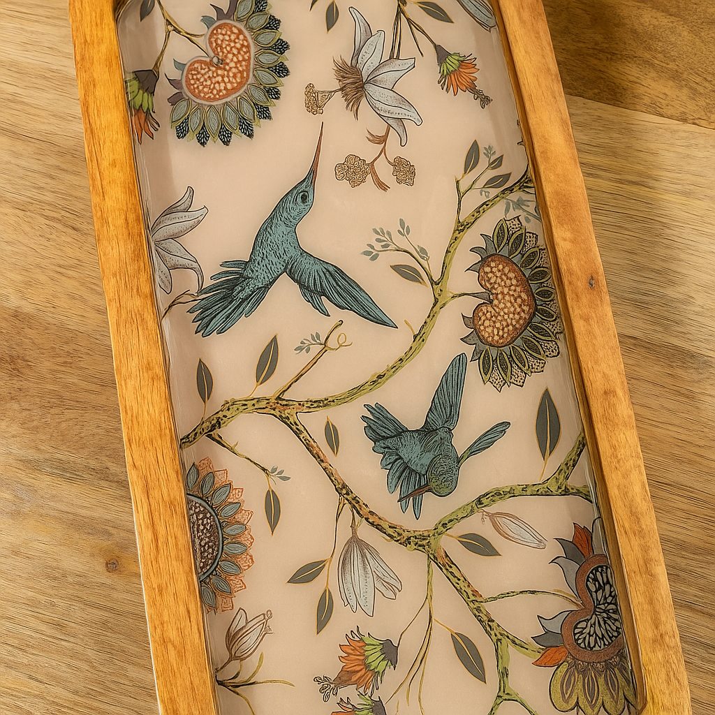 Handcrafted wooden serving platter with humming bird design